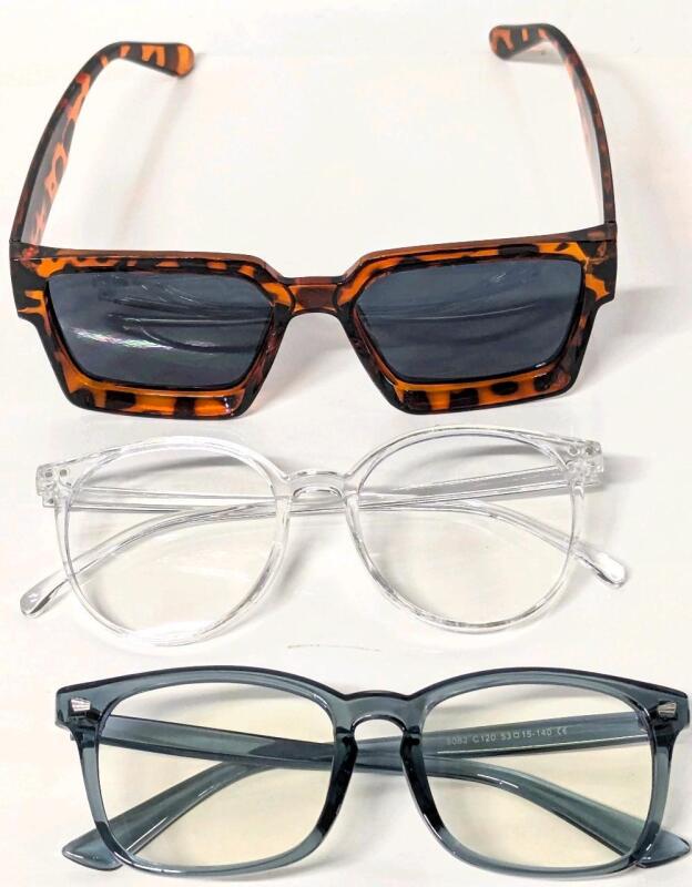 3 New Pairs Non-Prescription Glasses: Retro Tortoiseshell Sunglasses, Clear Round Frame Fashion Glasses & Blue Light-Blocking Glasses
