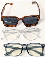 3 New Pairs Non-Prescription Glasses: Retro Tortoiseshell Sunglasses, Clear Round Frame Fashion Glasses & Blue Light-Blocking Glasses