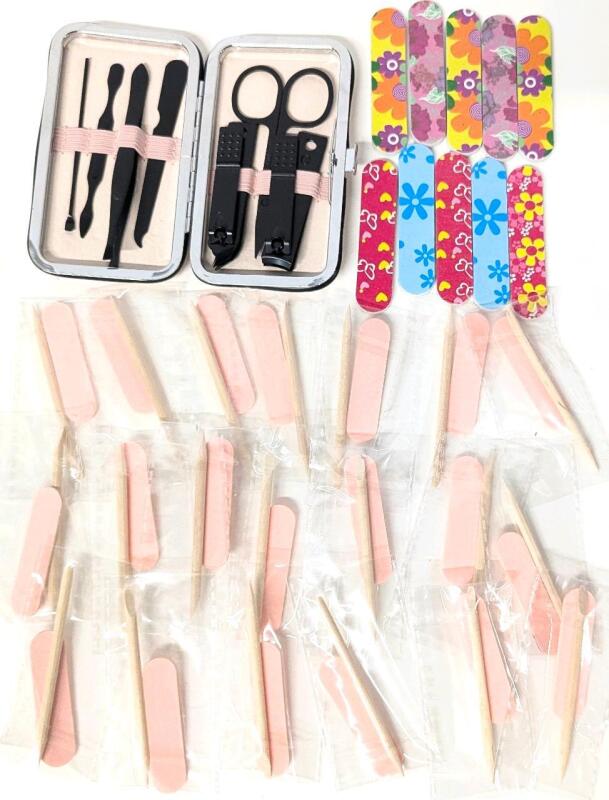 New 7-Piece Manicure Set in Case, 10 Multicolor 2.5" Emery Boards & 20 Emery Board / Cuticle Pusher Pairs (Individually Wrapped)