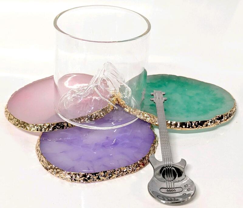 3 New Gilded Geode-Style Resin Coasters, Small 2.75" Tall "Iceburg" Glass & Stainless Steel Guitar Spoon 4.5" Long