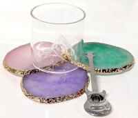 3 New Gilded Geode-Style Resin Coasters, Small 2.75" Tall "Iceburg" Glass & Stainless Steel Guitar Spoon 4.5" Long