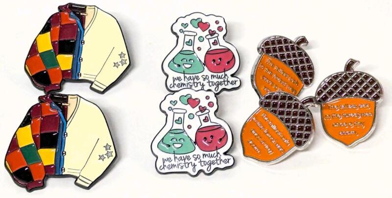 7 New Enamel Pin Brooches : 2&times; Taylor Swift-Inspired Sweater/Jackets, 2&times; "We Have So Much Chemistry Together" + 3&times; "The Tallest Oak In The Forest Was Once A Tiny Acorn", Up To 1.25" High