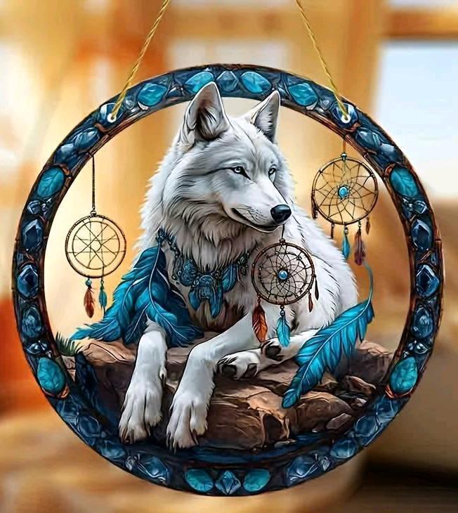 New - Wolf King Series Acrylic Sun Catcher 8 " Stained Glass Style Window Hanging . Stock photos used