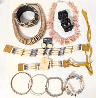 Assorted Vintage to Modern Jewelry: Beaded Native Leather Turtle Choker & Matching Bracelet, Wood Coin Necklace, Shell Necklace, 14K Gold Plated Bracelet, Bangles & Pierced Earrings