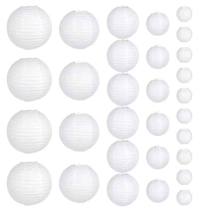 New - 30pcs. White Indoor / Outdoor Decorative Round Paper Lanterns Assorted Sizes White Paper Lanterns, 12" 10" 8" 6" 4"