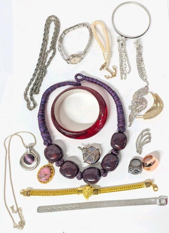 Assorted Vintage to Modern Jewelry: 3 Necklaces, 2 Rings (Size 5 & 7), 3 Brooches, 1 Pair of Long Rhinestone Pierced Earrings, 2 Pendants, 2 Bangles, 2 Bracelets & Caprice Women's Watch With Charms (Non-Functional, Likely Needs New Batteries)