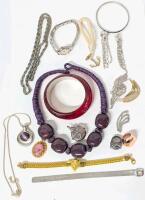 Assorted Vintage to Modern Jewelry: 3 Necklaces, 2 Rings (Size 5 & 7), 3 Brooches, 1 Pair of Long Rhinestone Pierced Earrings, 2 Pendants, 2 Bangles, 2 Bracelets & Caprice Women's Watch With Charms (Non-Functional, Likely Needs New Batteries)