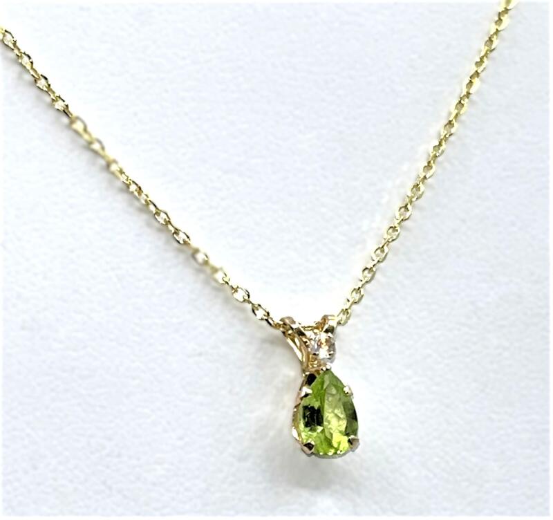 10KT Yellow Gold Natural Peridot (0.80ct) and Natural Moonstone (0.03ct) Pear Shape Pendant with Gold Plated Sterling Silver Chain, W/A $375.00. with appraisal
