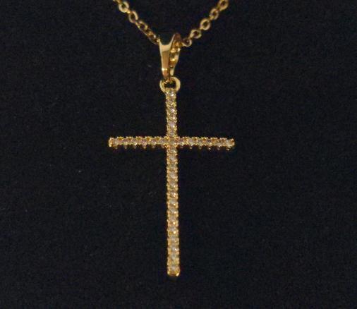 14k Gold Plated 32.0mm Simulated Diamond Cross Neclace - Chain 18" long