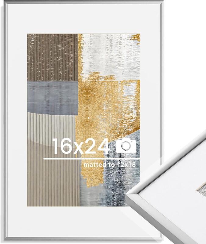New 16x24 inch Metal Poster Silver Frame - 16 x 24 Thin Aluminum Picture Frames Matted for 12x18 Photos, Artworks, Prints, Puzzle - High Definition Plexiglass - Vertical and Horizontal Display - Wall Hook