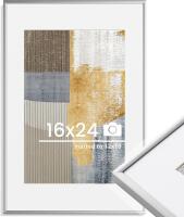 New 16x24 inch Metal Poster Silver Frame - 16 x 24 Thin Aluminum Picture Frames Matted for 12x18 Photos, Artworks, Prints, Puzzle - High Definition Plexiglass - Vertical and Horizontal Display - Wall Hook