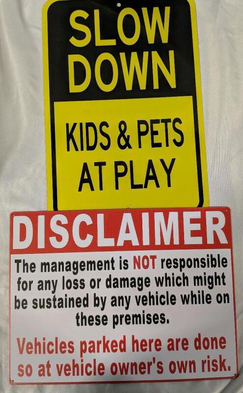 2 New Metal Signs - Caution Themed. 16" by 12"