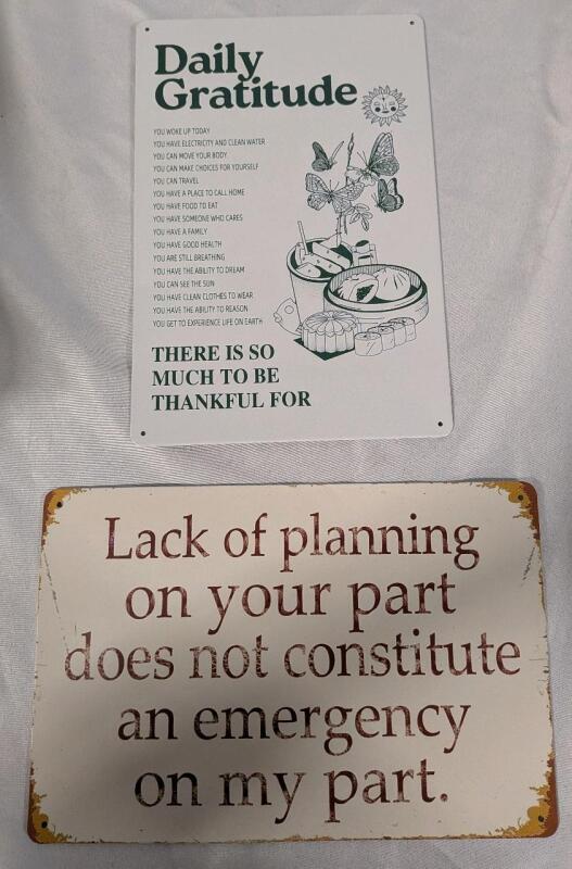 2 New Metal Signs. Gratitude and Sassy. 8" by 12"