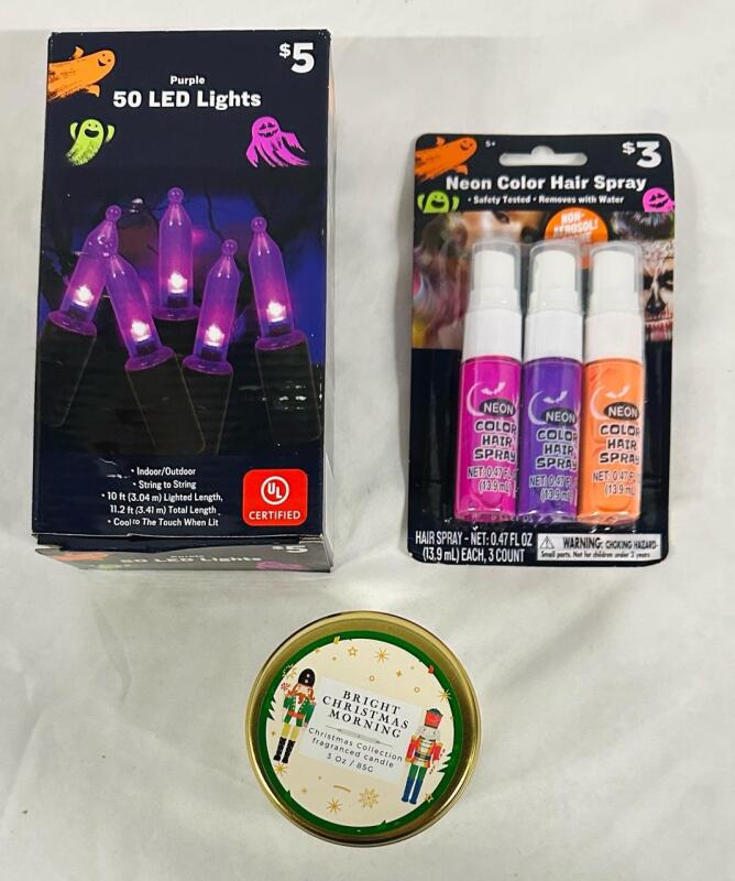 Assorted Holiday Lot, Includes Christmas Scented Candle (3oz), 50 Purple LED Lights, and 3 Bottles of Neon Hair Colour Spray (13.9ml Each)