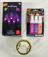 Assorted Holiday Lot, Includes Christmas Scented Candle (3oz), 50 Purple LED Lights, and 3 Bottles of Neon Hair Colour Spray (13.9ml Each)