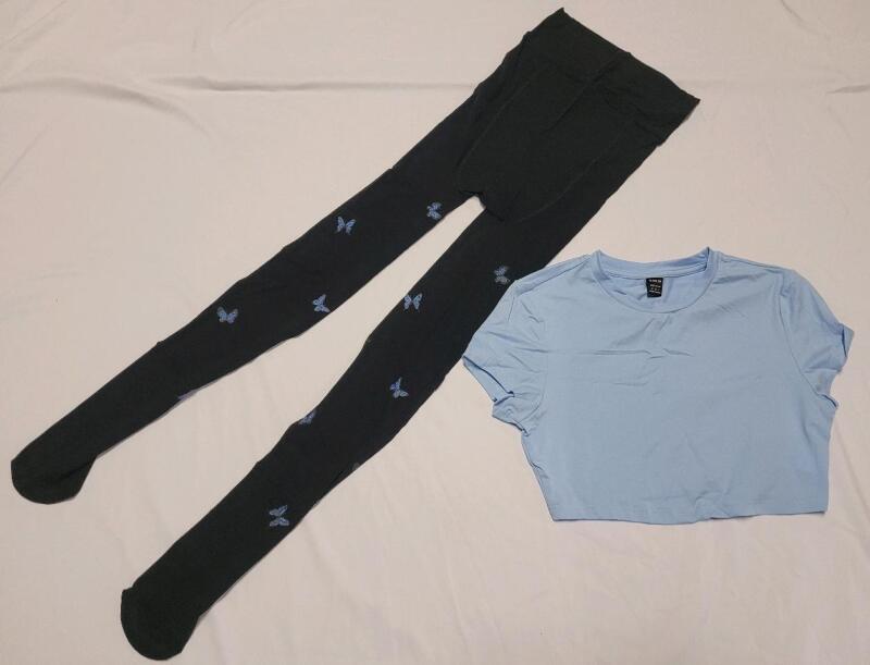 New Women's OS Shein Black Butterfly Tights/Leggwarmers & Small Light Blue Crop Top