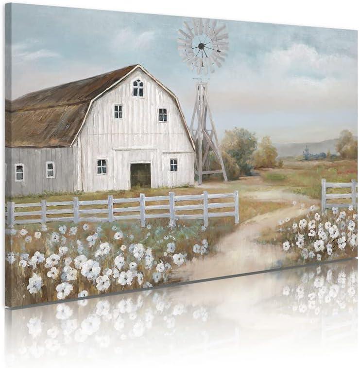 New Barn Prints Farmhouse Old Barn Wall Art Handpainted Barn Painting Barn and Flowers Wall Decor Rustic Bedroom Wall Decor Farmhouse Barn Windmills Art for Bathroom Bedroom Living Room Framed Ready to Hang(24"x 16" )
