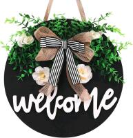 New VUDECO Front Door Welcome Sign - Farmhouse Rustic Black Welcome Sign - 12" Round Wooden Sign with Greenery