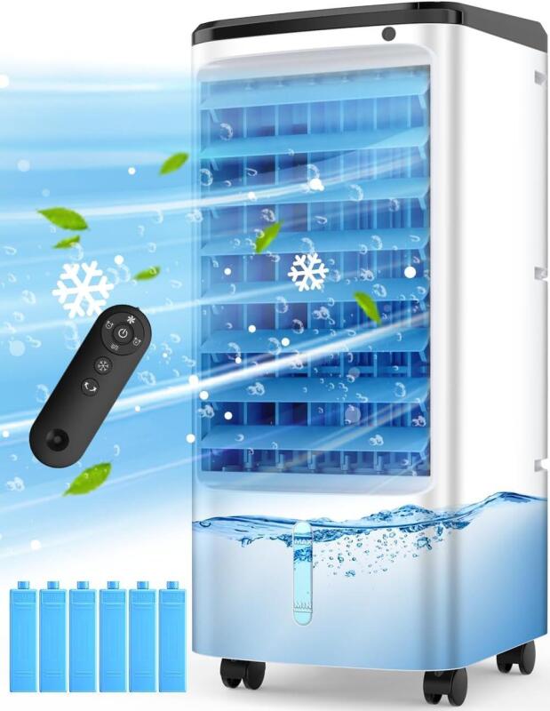 New CENSTECH Evaporative Air Cooler, Swamp Cooler Air Conditioner w/ 12H Timer for Auto-off, 6 Upgraded Ice Packs, 3-Speed Windowless Air Conditioner, Smart Remote, Dual Tank Portable Air Cooler for Room