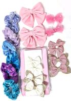 12 New Kid's Hair Bows Barrettes & 6 Colorful Velveteen Scrunchies, Bows Up To 4" Across