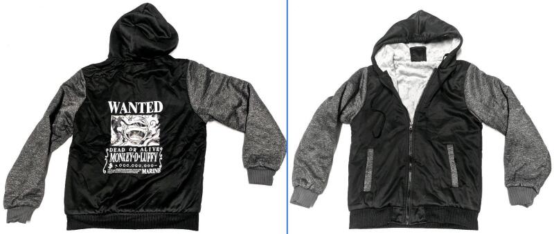 New Size XS Men's ONE PIECE Wanted Monkey D Luffy Back Print Thick Winter Zip-Up Hooded Sweater Lined In Faux Fur