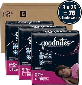 75 New Size Large (68-95 lbs) Girls' Goodnites Nighttime Bedwetting Underwear, (3 Packs of 25), Designs & Packaging May Vary