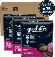 75 New Size Large (68-95 lbs) Girls' Goodnites Nighttime Bedwetting Underwear, (3 Packs of 25), Designs & Packaging May Vary