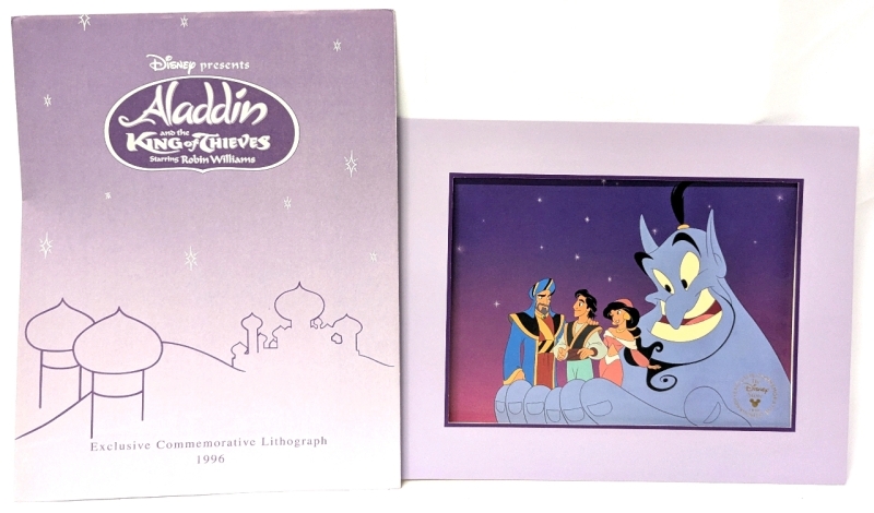 Vintage 1996 Disney Store ALADDIN AND THE KING IF THIEVES Starring Robin Williams Exclusive Commemorative Lithograph With Original Envelope & Card Frame - 11" &times; 14"