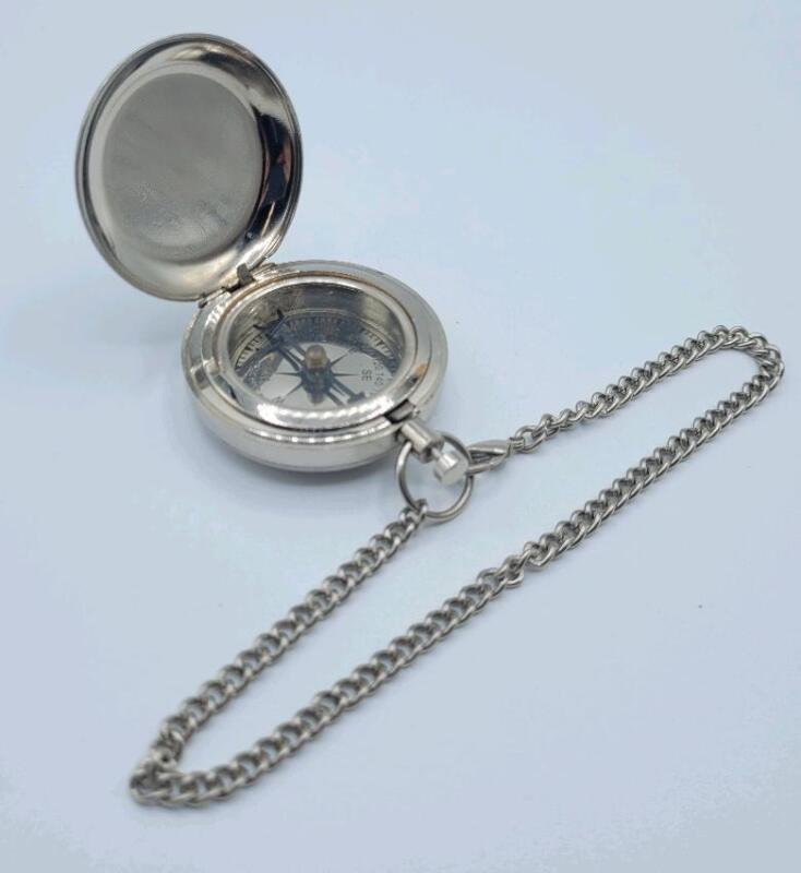 New Pocket Watch Style Compass w/Chain . Measures 1 &frac34;" diameter