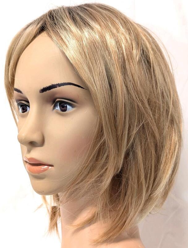 New 12" Long Ash Blond Highlights & Brown Synthetic Hard Front Wig With Bangs