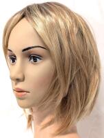 New 12" Long Ash Blond Highlights & Brown Synthetic Hard Front Wig With Bangs