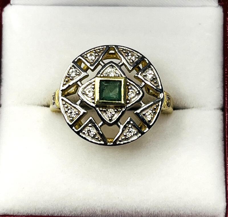 Gold Plated Sterling Silver Natural Emerald (0.50ct) with Natural White Topaz (0.12ct) Ring, Size 8, W/A $400.00. Emerald is the birthstone for May. with appraisal