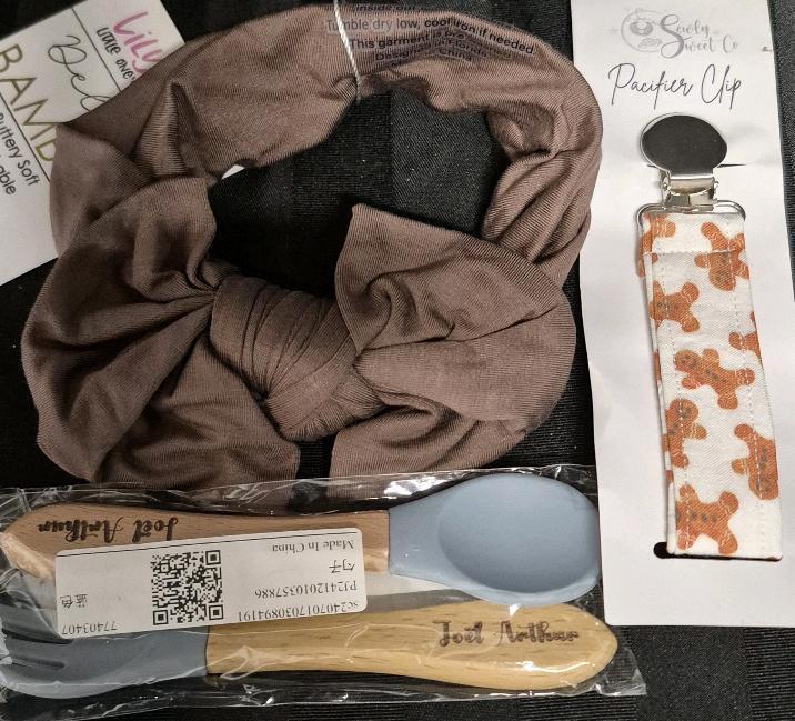 New Baby Accessories- Blanket, Headbands, Utensils+