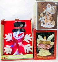 20" LED Snowflake Snowman Wall Decor (Battery Operated, Ises 3 AA Batteries), 11" Tall Resin Santa Figure & 13.5" Tall Paper Mach&eacute;-Style Cloth Angel Tree Topper