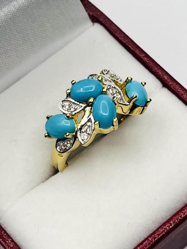 Gold Plated Sterling Silver Natural Turquoise (1.70ct) with Natural White Topaz (0.08ct) Ring, Size 8.75, comes with appraisal $280.00.