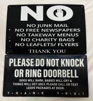 2 Decorative Door Signs: No Junk Mail (12&rdquo; x 8&rdquo;, Metal) and Do Not Knock (12&rdquo; x 6&rdquo;, Board)