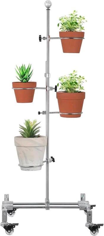 New 32" Tall DIY Plant Stand Indoor with 4 Pot Clips, Metal Flower Rack with Wheels