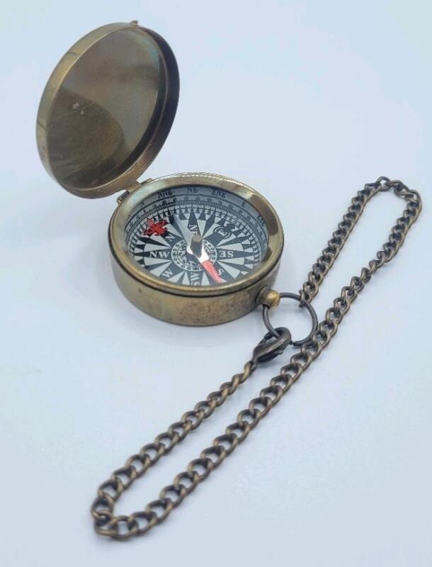 New Antique Finish Brass Pocket Watch Style Compass w/Chain . Compass measures 1 &sup1;&sup3;/&sup1;⁶" diameter