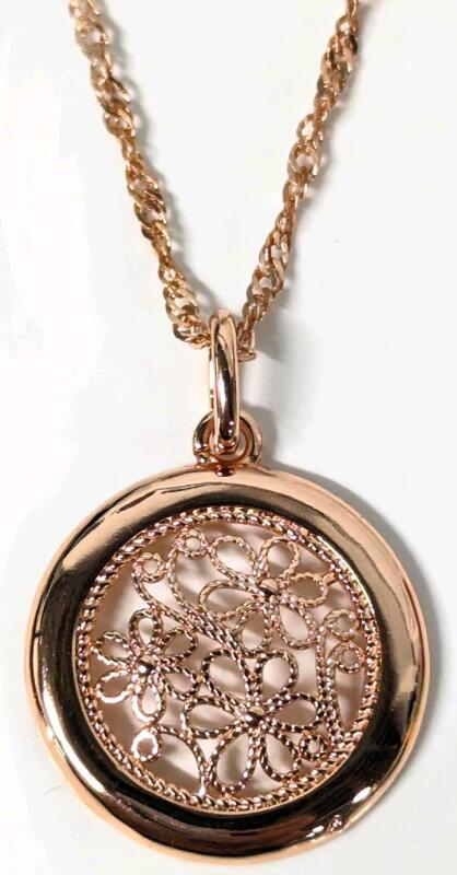 New Stamped 585RG 14k Rose Gold Plated Floral Filigree Pendant on 18" Chain