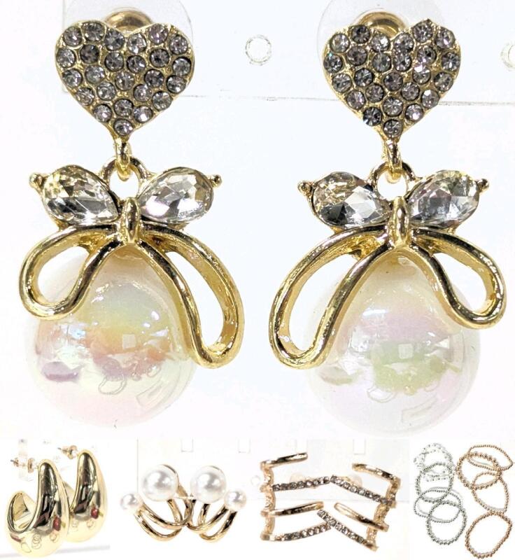 Gorgeous New Pearlescent Bow Rhinestone Heart, Clawed Crawling, Hoop Loop & Chunky Curved Teardrop Pierced Earrings + 9 Expansion Bracelets