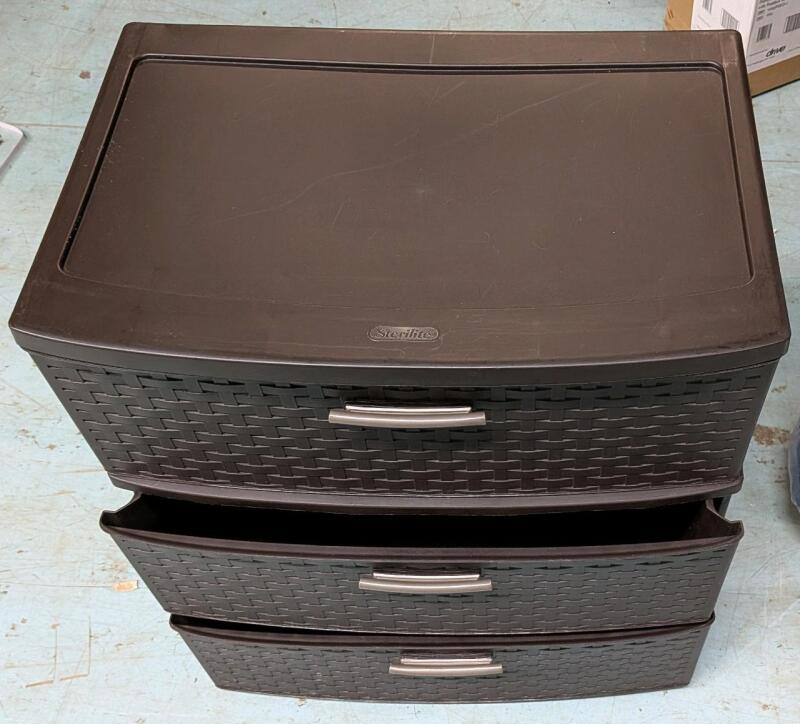 3 Drawer Rattan Style Sterilite Stacking Organizer.