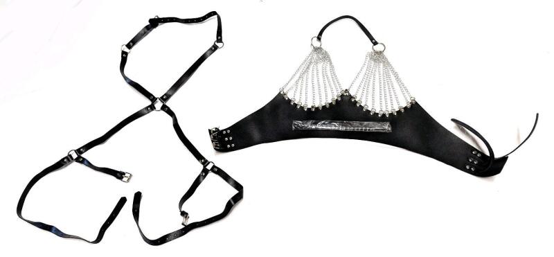 [ADULTS ONLY] New O/S Women's Chain Corset Bustier, Strappy Body Harness & Sealed Bumpy Stainless Steel Urethra Sounding Rod 10" Long