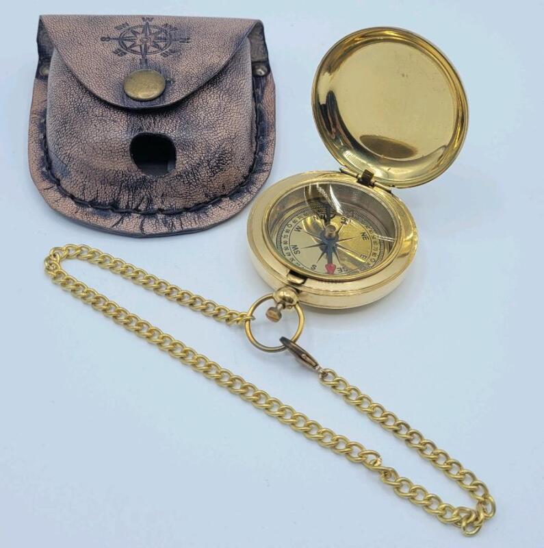 New Pocket Watch Style Compass w/Leather Belt Pouch . Compass measures 1 ⅞" diameter