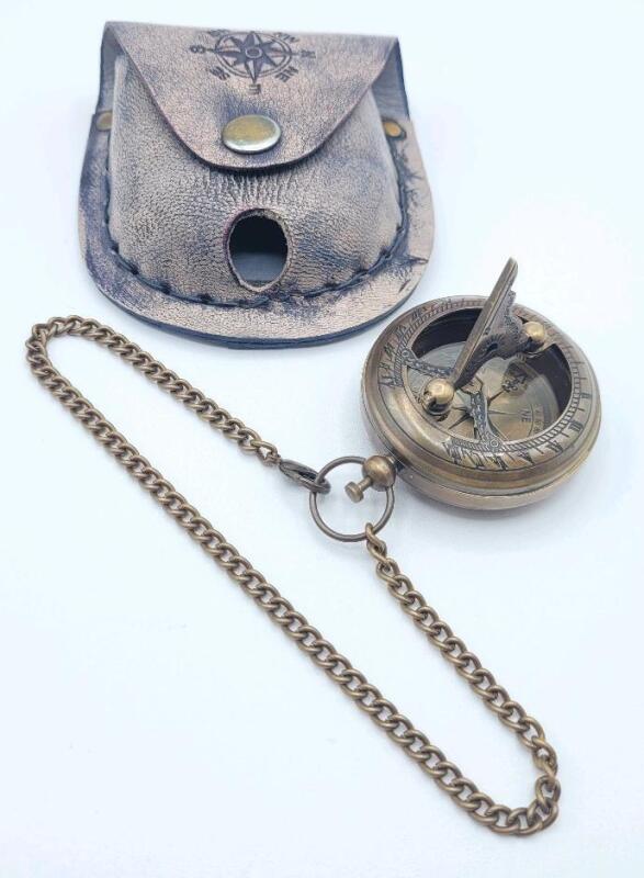 New Antique Finish Brass Pocket Watch Style Compass / Sundial w/Chain & Leather Belt Pouch . Compass measures 1 ⅞" diameter