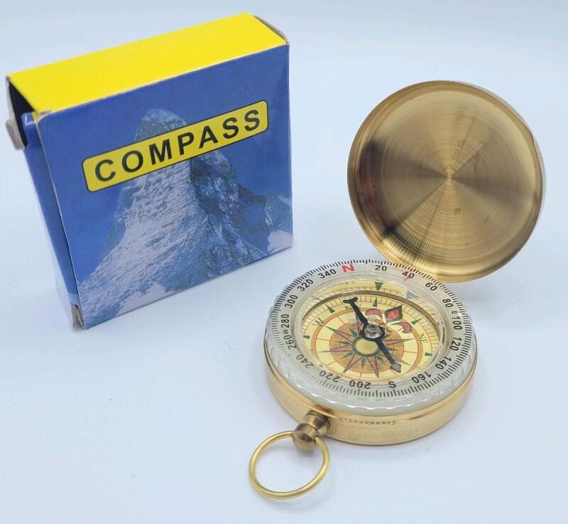 New - Glow-in-the-Dark Pocket Watch Style Brass Compass . Measures 1 &sup1;⁵/&sup1;⁶" diameter
