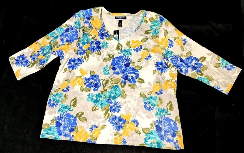 New Size 3XL Women's KAREN SCOTT Cotton Blend Floral &frac34; Sleeve Top