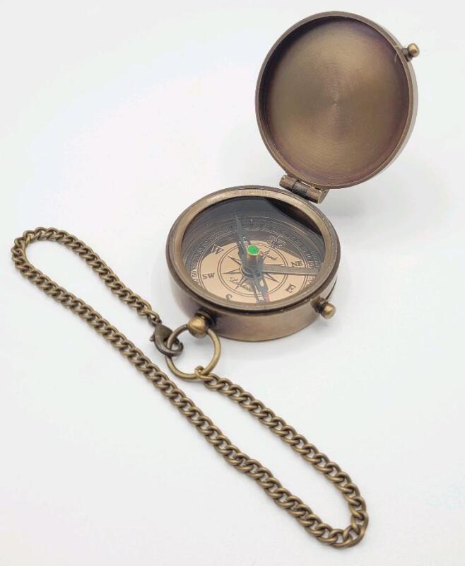New Antique-Finish Brass Pocket Compass with Cover and Chain . See photos for size