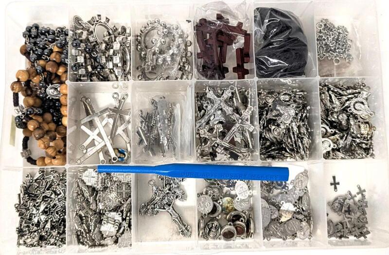 Assorted Rosary & Religious Jewelry Findings, Crosses, Crucifixes, Cord For Knotted Rosaries, Convex Crosses For Bracelets, Rosary Centers With Jerusalem Soil, Mary etc & Our Lady Rosary Makers Rosary Knotting Tool in 7" &times; 11.5" &times; 1.75" Organizer