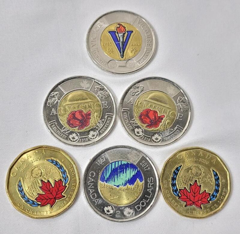 2017 - 2020 Canadian Colored Loonies & Toonies . Includes: 2017 Northern Lights Flow-in-the-Dark Toonie . Six (6) Coins