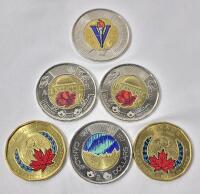 2017 - 2020 Canadian Colored Loonies & Toonies . Includes: 2017 Northern Lights Flow-in-the-Dark Toonie . Six (6) Coins